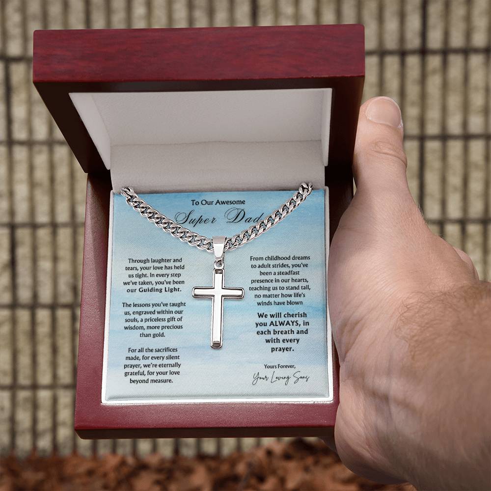 To Awesome Super Dad from Sons | Personalized Cross Pendant Cuban Chain | Father's Day Gift