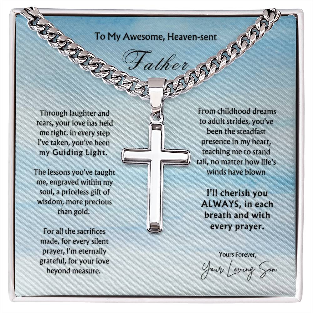 To Heaven-sent Father from Son | Cross Pendant Cuban Chain | Father's Day Gift