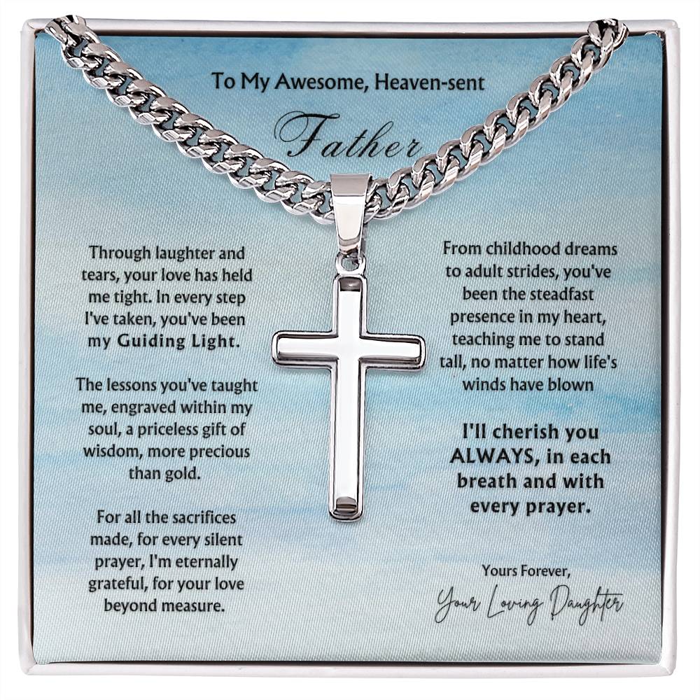 To Heaven-sent Father from Daughter| Cross Pendant Cuban Chain | Father's Day Gift