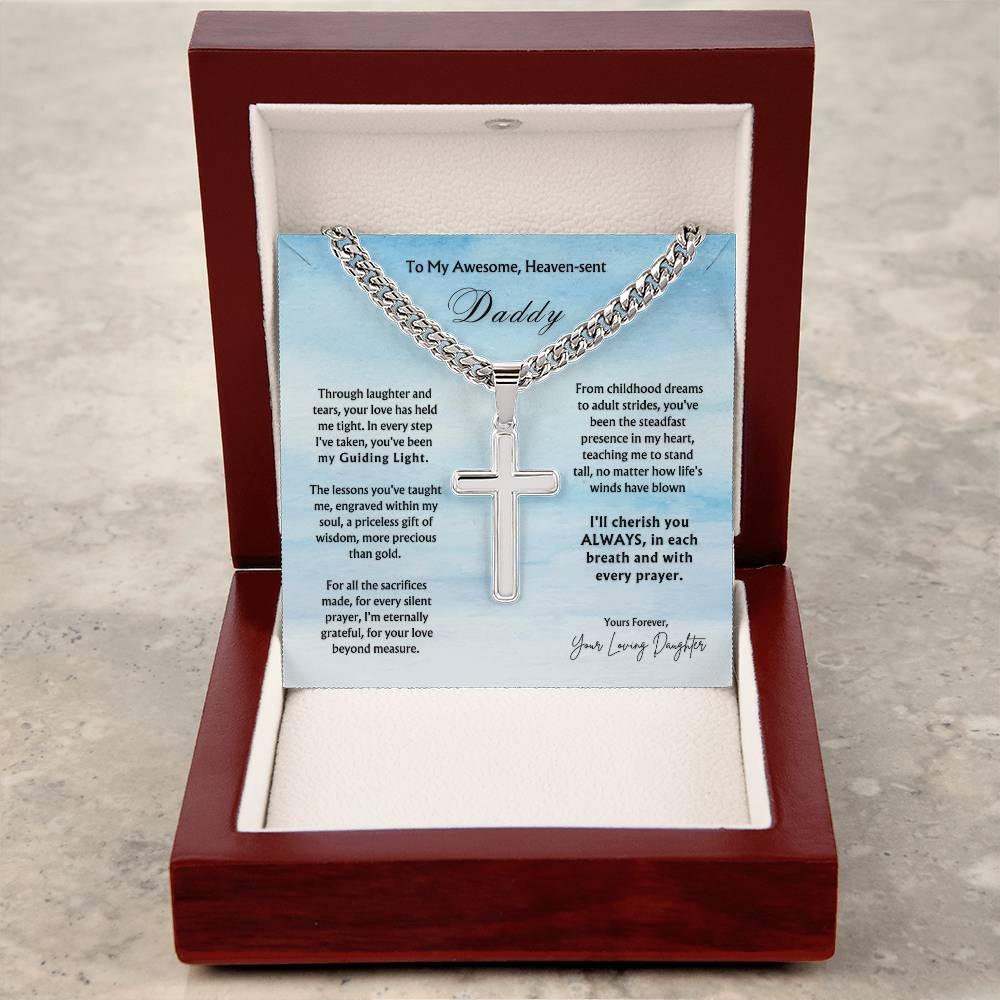 To Heaven-sent Daddy from Daughter| Cross Pendant Cuban Chain | Father's Day Gift