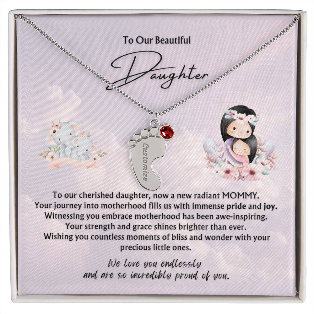 To Our Beautiful Daughter from Parents | Engraved Baby feet with Birthstones Pendant Necklace | New Babies | Multiples | Twins | New Mommy | Mother's Day Gift