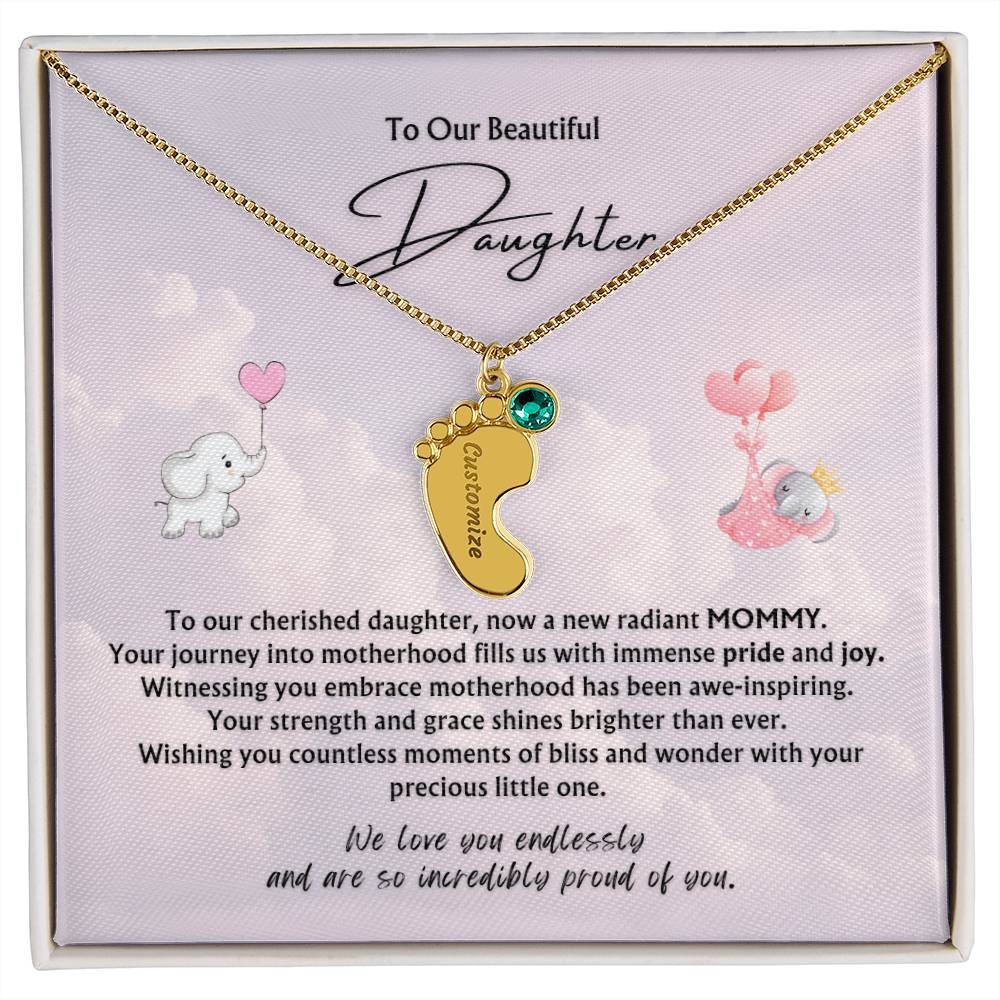 To Our Beautiful Daughter from Parents | Engraved Baby feet with Birthstones Pendant Necklace | New Baby | New Mommy | Mother's Day Gift | Baby-shower Gift