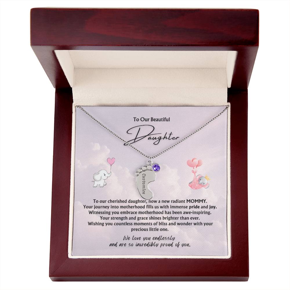 To Our Beautiful Daughter from Parents | Engraved Baby feet with Birthstones Pendant Necklace | New Baby | New Mommy | Mother's Day Gift | Baby-shower Gift