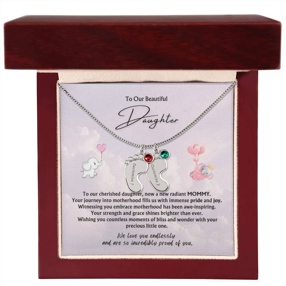To Our Beautiful Daughter from Parents | Engraved Baby feet with Birthstones Pendant Necklace | New Baby | New Mommy | Mother's Day Gift | Baby-shower Gift