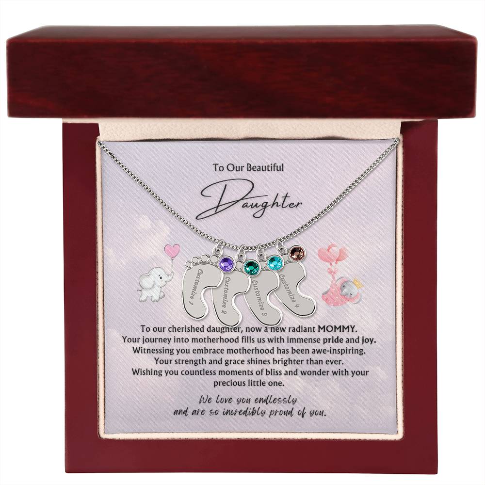 To Our Beautiful Daughter from Parents | Engraved Baby feet with Birthstones Pendant Necklace | New Baby | New Mommy | Mother's Day Gift | Baby-shower Gift
