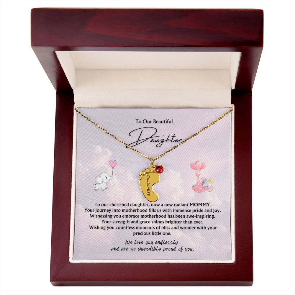 To Our Beautiful Daughter from Parents | Engraved Baby feet with Birthstones Pendant Necklace | New Baby | New Mommy | Mother's Day Gift | Baby-shower Gift