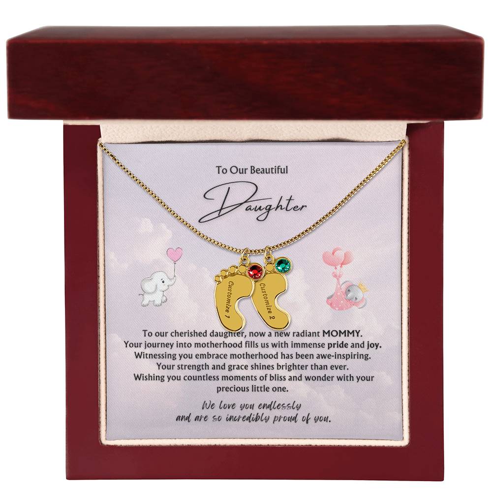 To Our Beautiful Daughter from Parents | Engraved Baby feet with Birthstones Pendant Necklace | New Baby | New Mommy | Mother's Day Gift | Baby-shower Gift