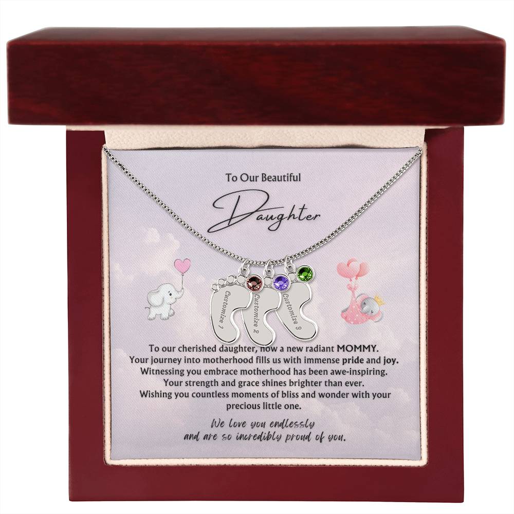 To Our Beautiful Daughter from Parents | Engraved Baby feet with Birthstones Pendant Necklace | New Baby | New Mommy | Mother's Day Gift | Baby-shower Gift
