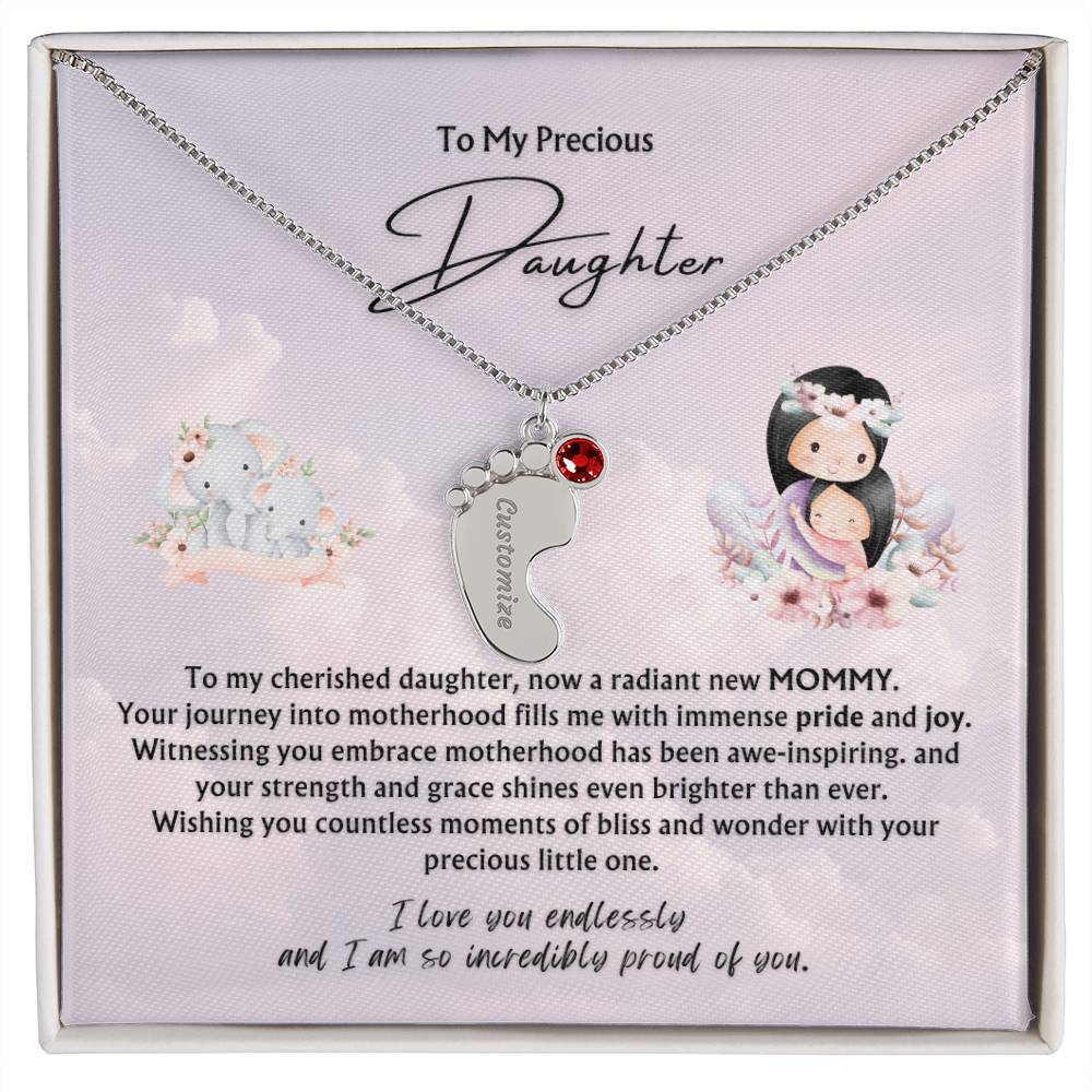 To My Precious Daughter from Parent | Engraved Baby feet with Birthstones  Pendant Necklace | New Baby | New Mommy | Mother's Day Gift