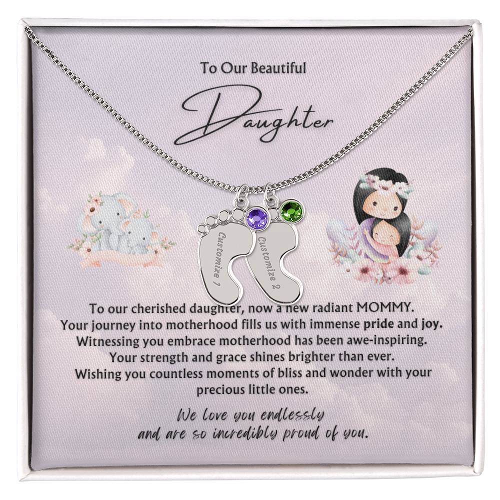 To Our Beautiful Daughter from Parents | Engraved Baby feet with Birthstones Pendant Necklace | New Babies | Multiples | Twins | New Mommy | Mother's Day Gift