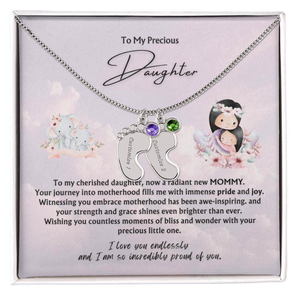 To My Precious Daughter from Parent | Engraved Baby feet with Birthstones  Pendant Necklace | New Baby | New Mommy | Mother's Day Gift