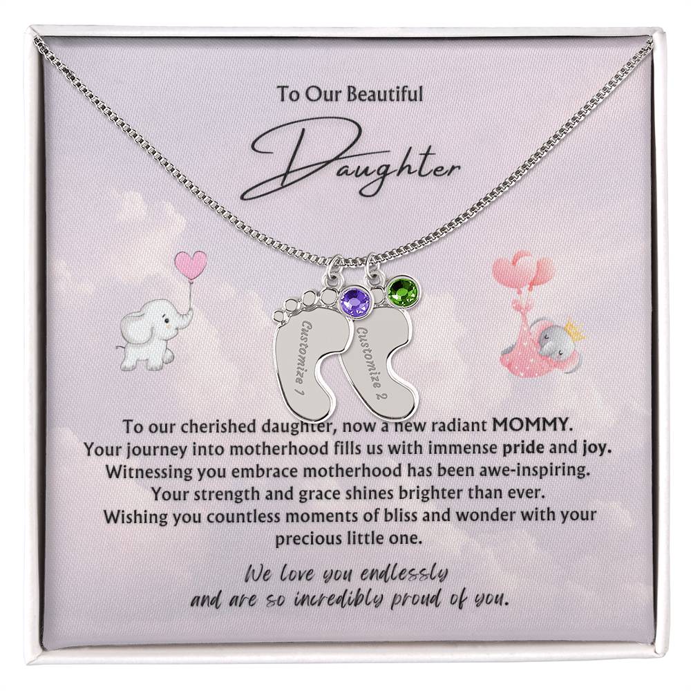 To Our Beautiful Daughter from Parents | Engraved Baby feet with Birthstones Pendant Necklace | New Baby | New Mommy | Mother's Day Gift | Baby-shower Gift