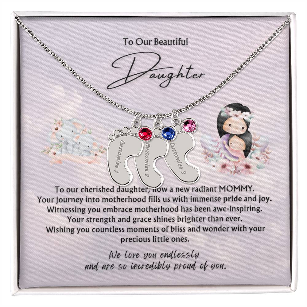 To Our Beautiful Daughter from Parents | Engraved Baby feet with Birthstones Pendant Necklace | New Babies | Multiples | Twins | New Mommy | Mother's Day Gift