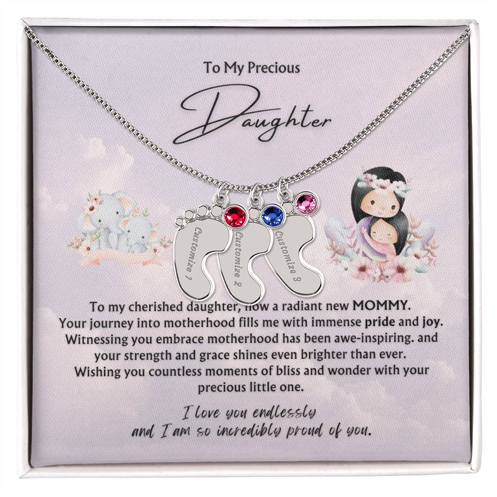 To My Precious Daughter from Parent | Engraved Baby feet with Birthstones  Pendant Necklace | New Baby | New Mommy | Mother's Day Gift