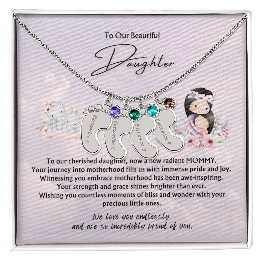 To Our Beautiful Daughter from Parents | Engraved Baby feet with Birthstones Pendant Necklace | New Babies | Multiples | Twins | New Mommy | Mother's Day Gift