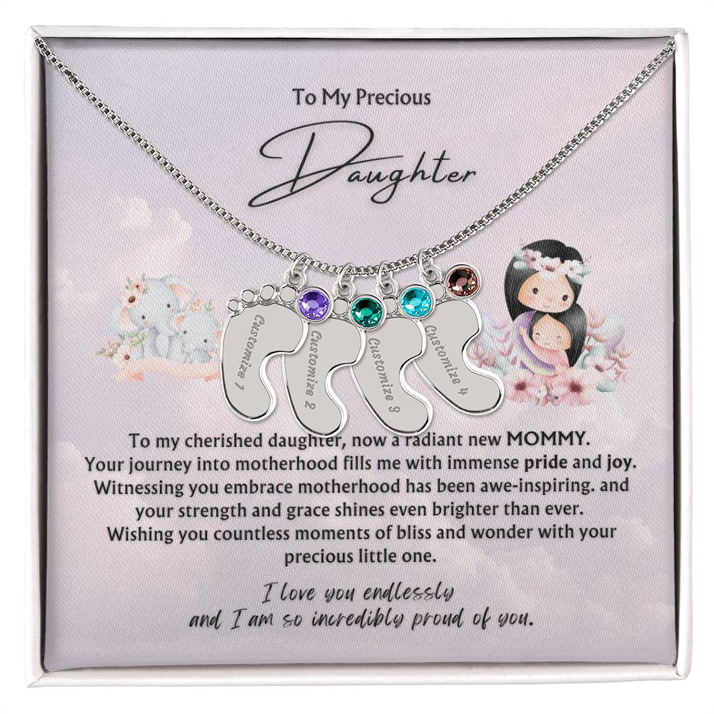 To My Precious Daughter from Parent | Engraved Baby feet with Birthstones  Pendant Necklace | New Baby | New Mommy | Mother's Day Gift