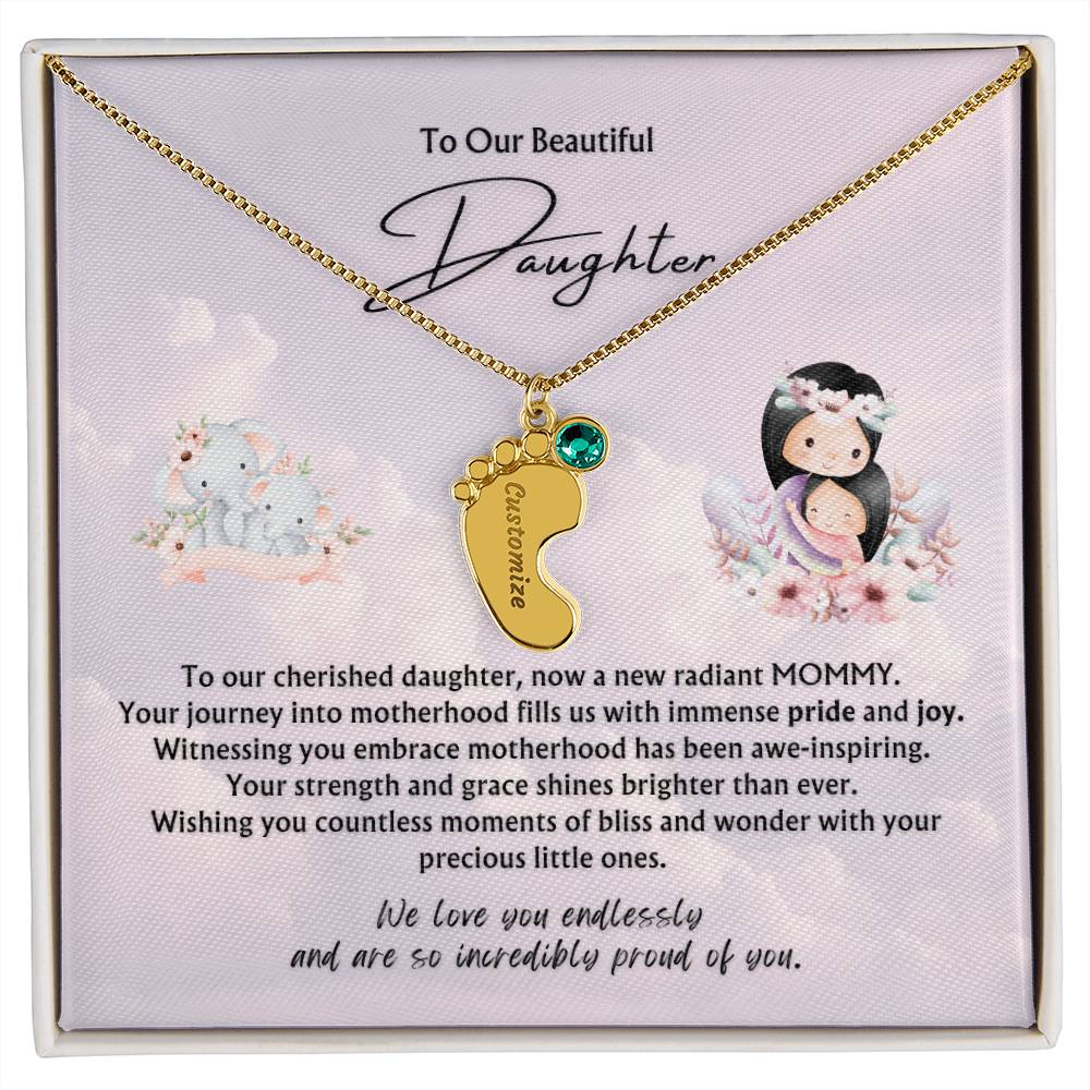 To Our Beautiful Daughter from Parents | Engraved Baby feet with Birthstones Pendant Necklace | New Babies | Multiples | Twins | New Mommy | Mother's Day Gift