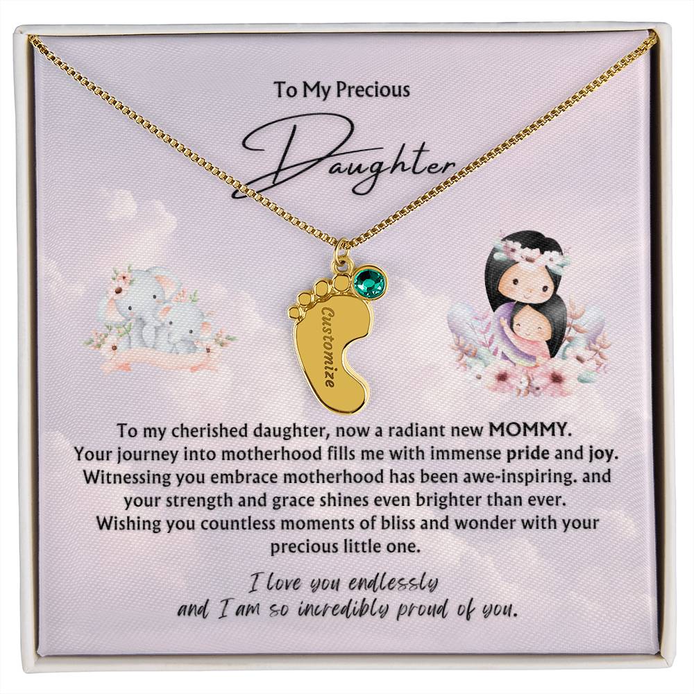 To My Precious Daughter from Parent | Engraved Baby feet with Birthstones  Pendant Necklace | New Baby | New Mommy | Mother's Day Gift