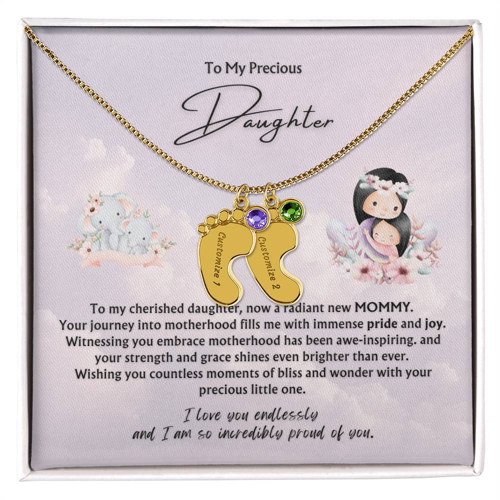 To My Precious Daughter from Parent | Engraved Baby feet with Birthstones  Pendant Necklace | New Baby | New Mommy | Mother's Day Gift