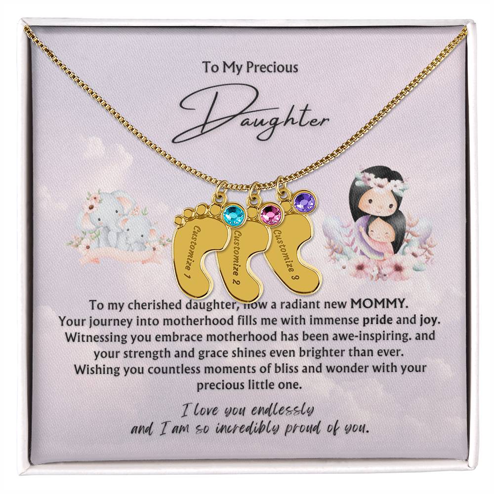 To My Precious Daughter from Parent | Engraved Baby feet with Birthstones  Pendant Necklace | New Baby | New Mommy | Mother's Day Gift