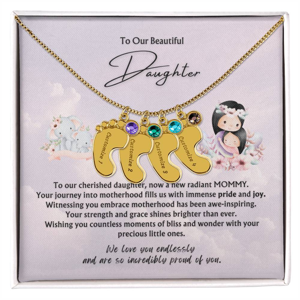 To Our Beautiful Daughter from Parents | Engraved Baby feet with Birthstones Pendant Necklace | New Babies | Multiples | Twins | New Mommy | Mother's Day Gift