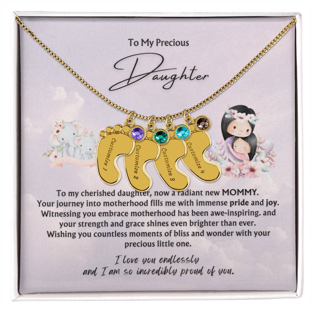 To My Precious Daughter from Parent | Engraved Baby feet with Birthstones  Pendant Necklace | New Baby | New Mommy | Mother's Day Gift