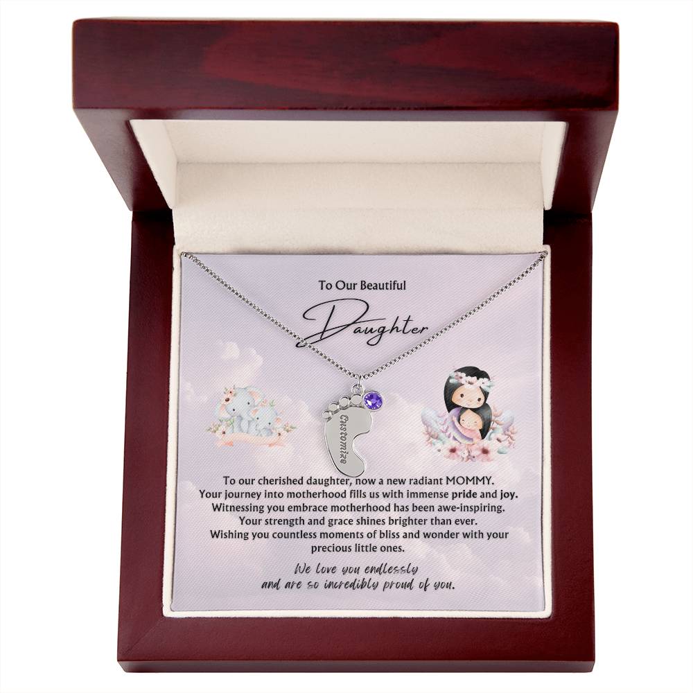 To Our Beautiful Daughter from Parents | Engraved Baby feet with Birthstones Pendant Necklace | New Babies | Multiples | Twins | New Mommy | Mother's Day Gift