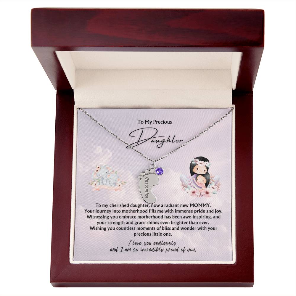 To My Precious Daughter from Parent | Engraved Baby feet with Birthstones  Pendant Necklace | New Baby | New Mommy | Mother's Day Gift