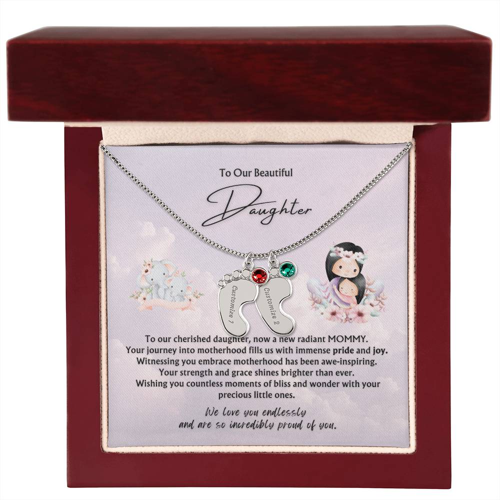 To Our Beautiful Daughter from Parents | Engraved Baby feet with Birthstones Pendant Necklace | New Babies | Multiples | Twins | New Mommy | Mother's Day Gift