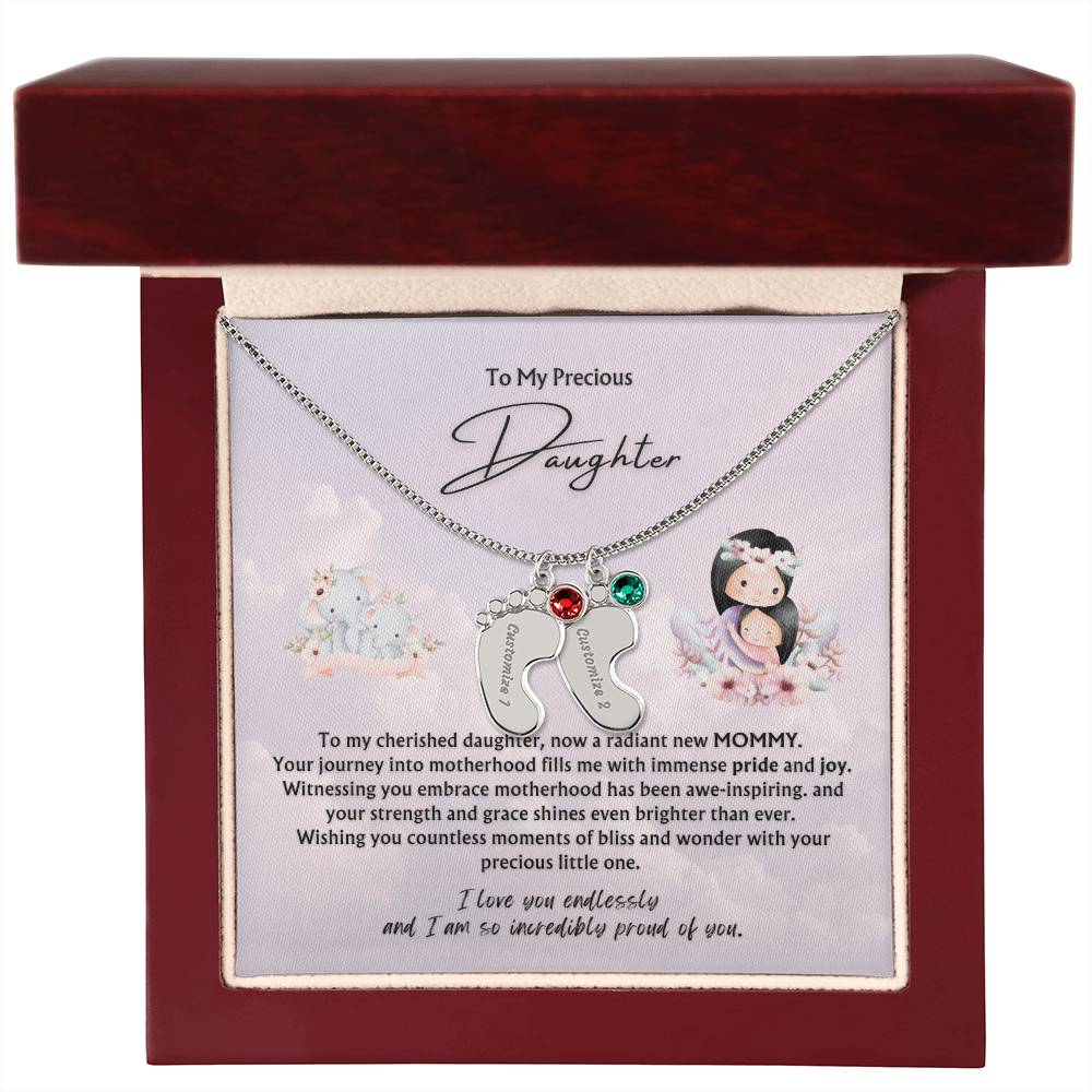 To My Precious Daughter from Parent | Engraved Baby feet with Birthstones  Pendant Necklace | New Baby | New Mommy | Mother's Day Gift