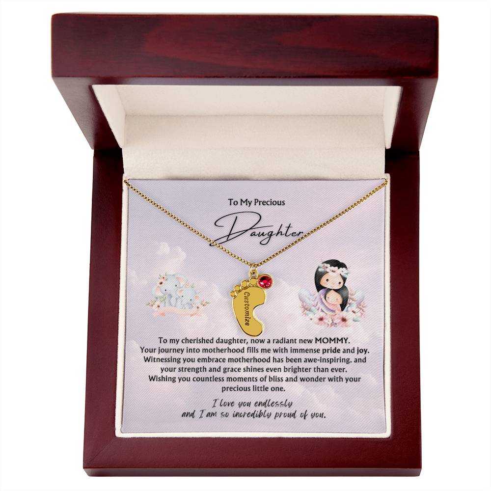 To My Precious Daughter from Parent | Engraved Baby feet with Birthstones  Pendant Necklace | New Baby | New Mommy | Mother's Day Gift
