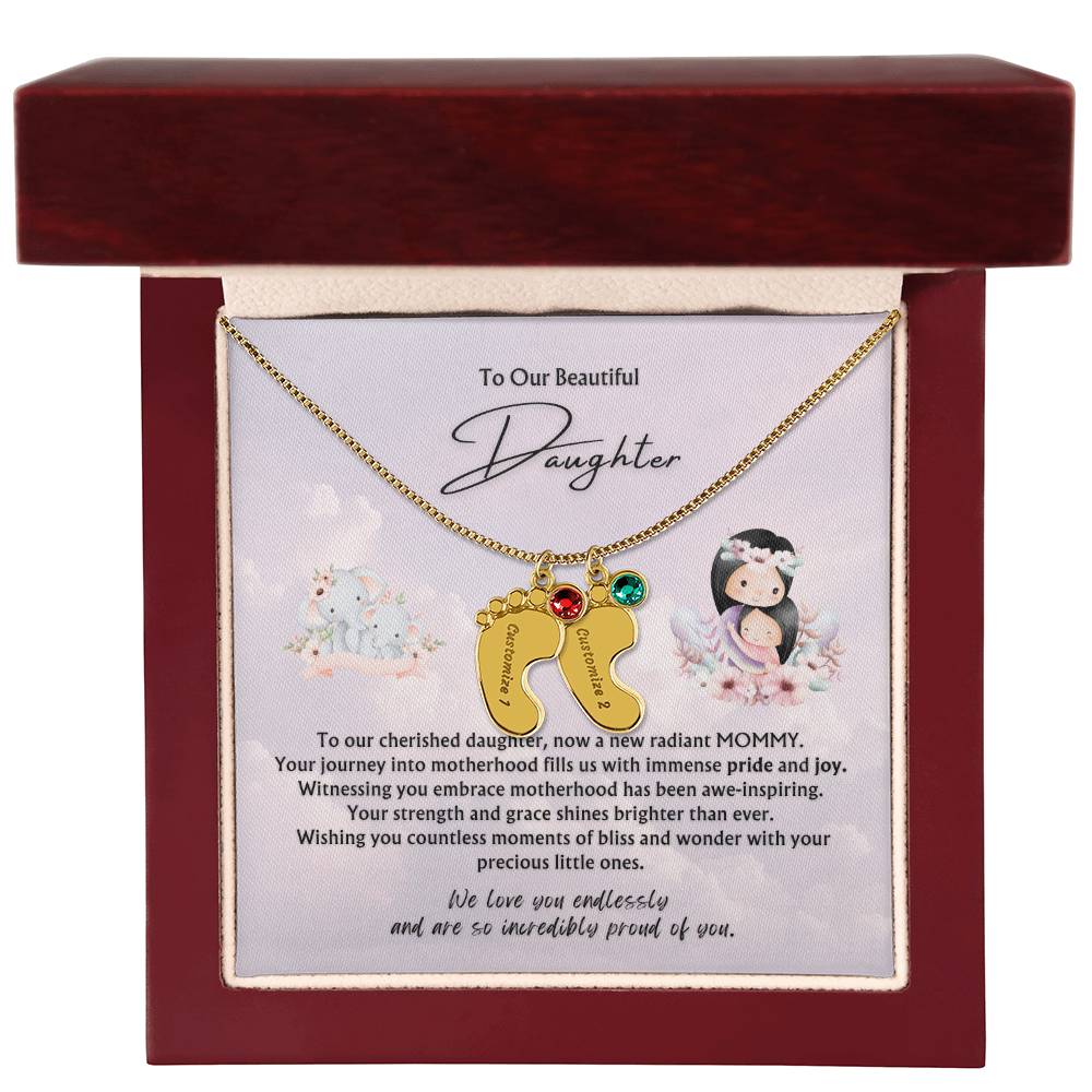 To Our Beautiful Daughter from Parents | Engraved Baby feet with Birthstones Pendant Necklace | New Babies | Multiples | Twins | New Mommy | Mother's Day Gift