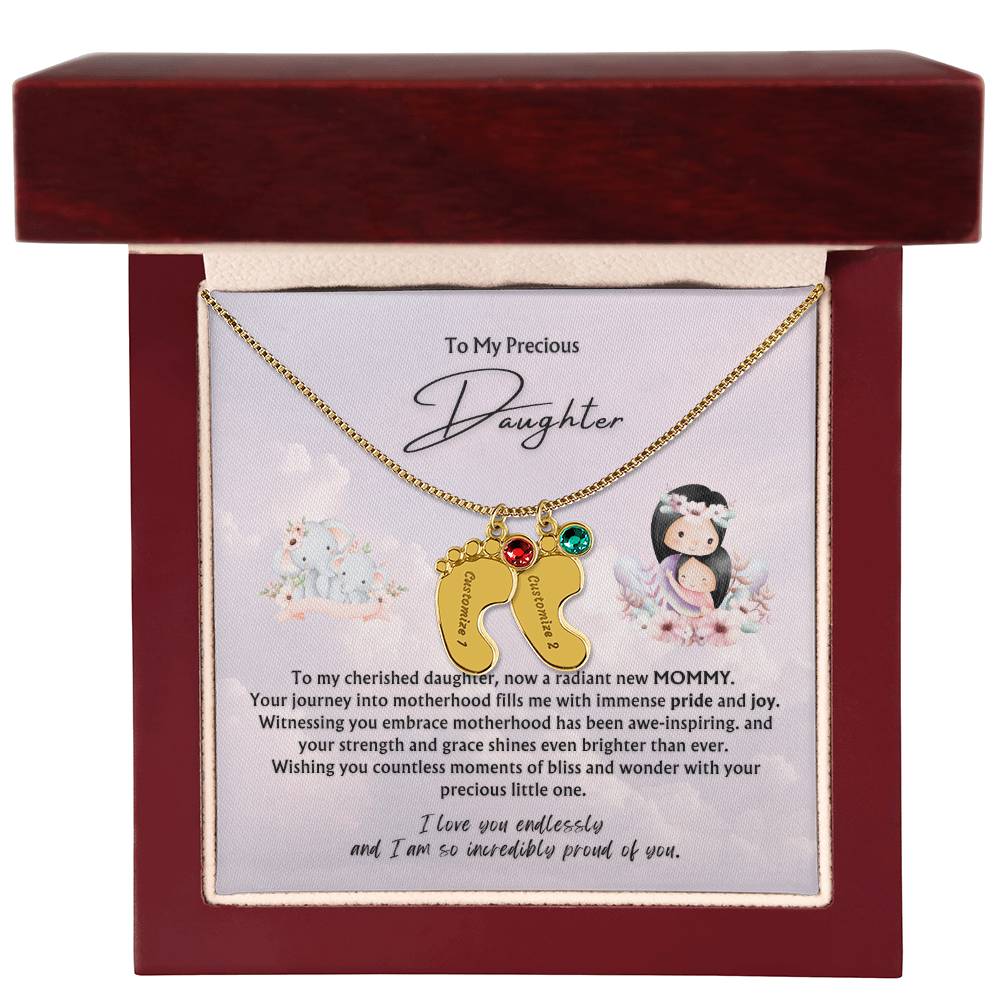 To My Precious Daughter from Parent | Engraved Baby feet with Birthstones  Pendant Necklace | New Baby | New Mommy | Mother's Day Gift