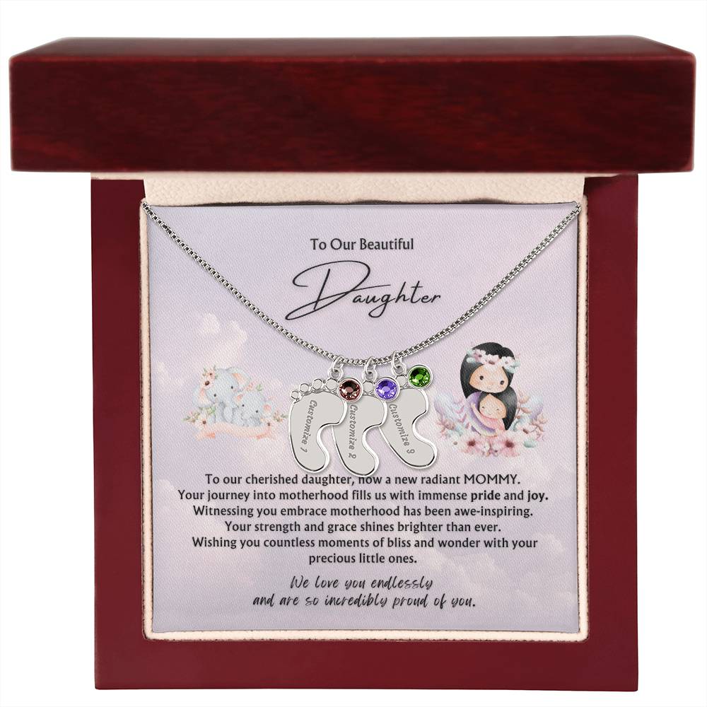 To Our Beautiful Daughter from Parents | Engraved Baby feet with Birthstones Pendant Necklace | New Babies | Multiples | Twins | New Mommy | Mother's Day Gift
