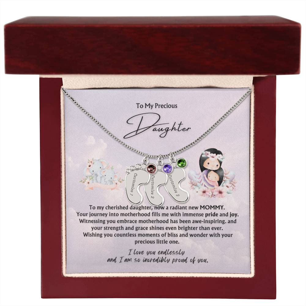 To My Precious Daughter from Parent | Engraved Baby feet with Birthstones  Pendant Necklace | New Baby | New Mommy | Mother's Day Gift
