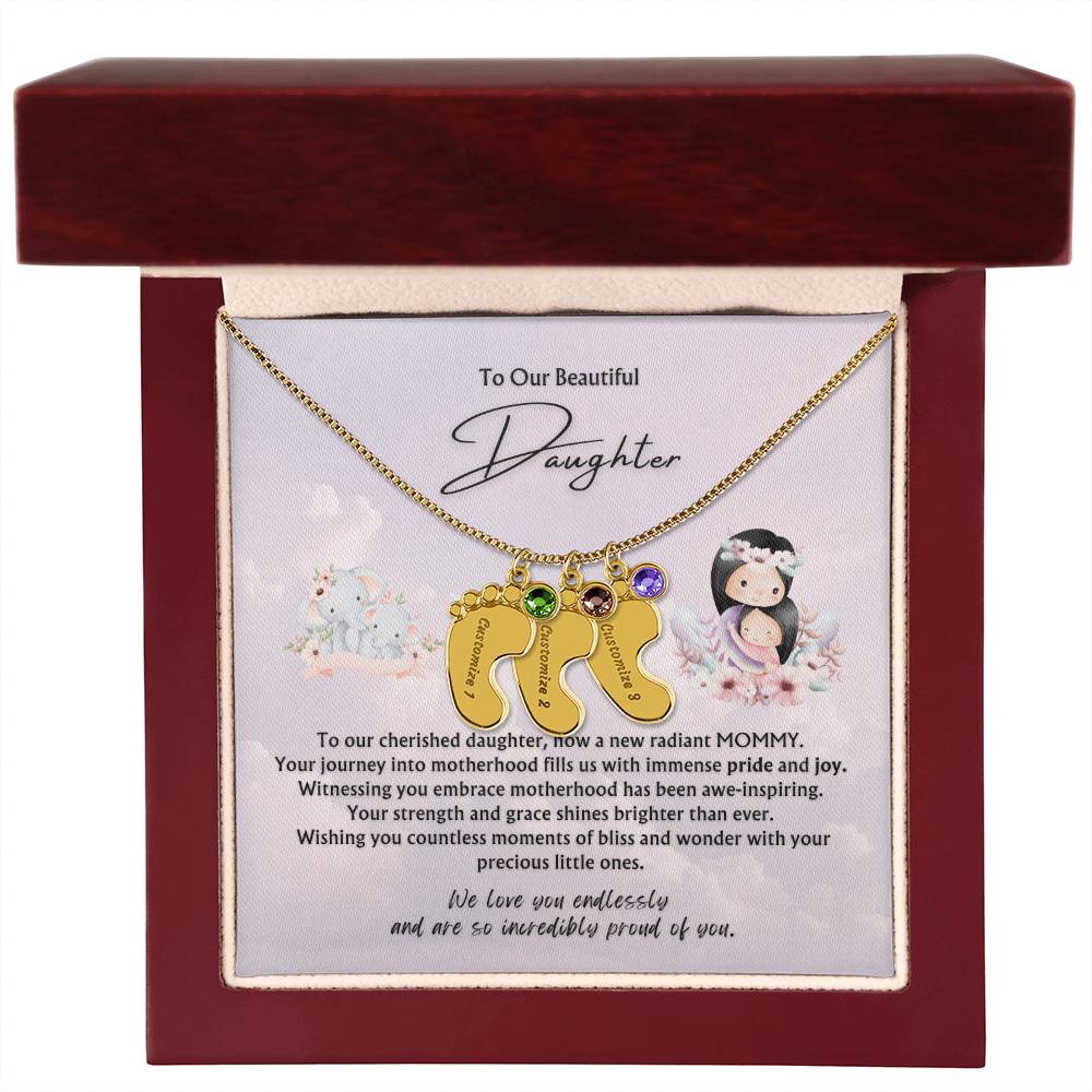 To Our Beautiful Daughter from Parents | Engraved Baby feet with Birthstones Pendant Necklace | New Babies | Multiples | Twins | New Mommy | Mother's Day Gift
