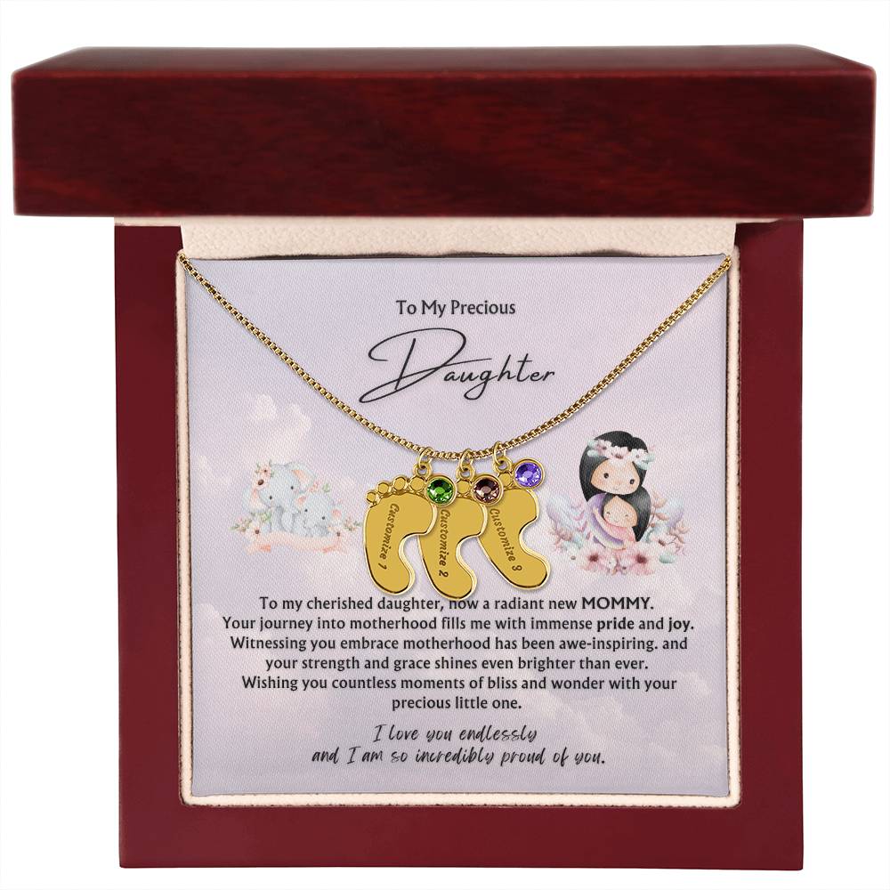 To My Precious Daughter from Parent | Engraved Baby feet with Birthstones  Pendant Necklace | New Baby | New Mommy | Mother's Day Gift