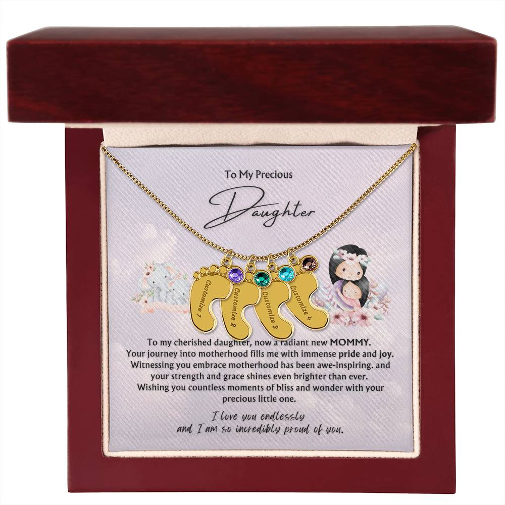 To My Precious Daughter from Parent | Engraved Baby feet with Birthstones  Pendant Necklace | New Baby | New Mommy | Mother's Day Gift